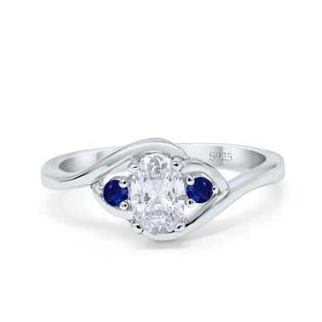 Three Stone Engagement Ring Oval Cut Round Simulated Blue Sapphire Cubic Zirconia 925 Sterling Silver